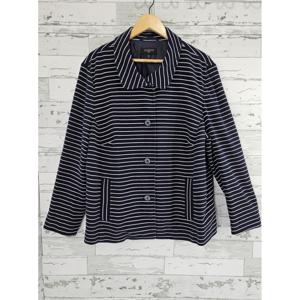 Talbots Woman Navy Blue White Striped Nautical Blazer Anchor Button Jacket 3X